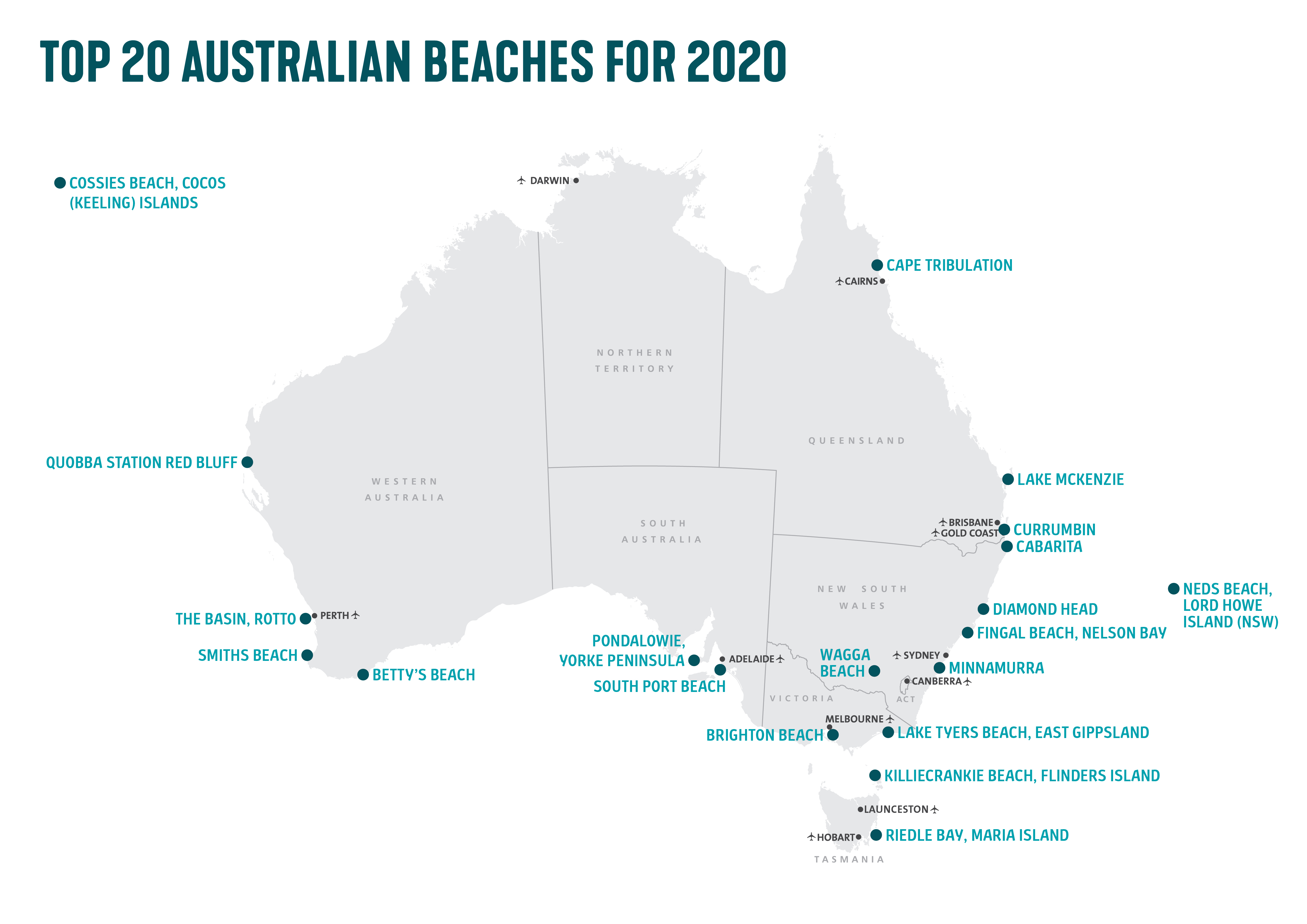 A map of Australia showing the 20 best beaches of 2020