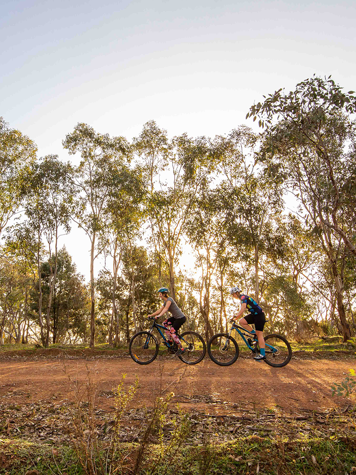 Two young ladies cycling along a dirt trail in bushland