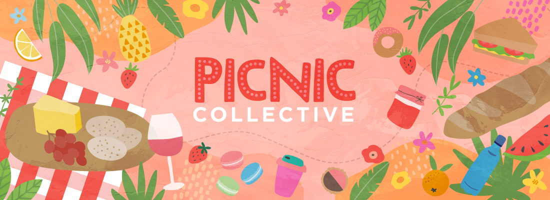 Picnic campaign graphic with peach background and food and drink and picnic icons scattered around the border. The words Picnic Collective in the middle.