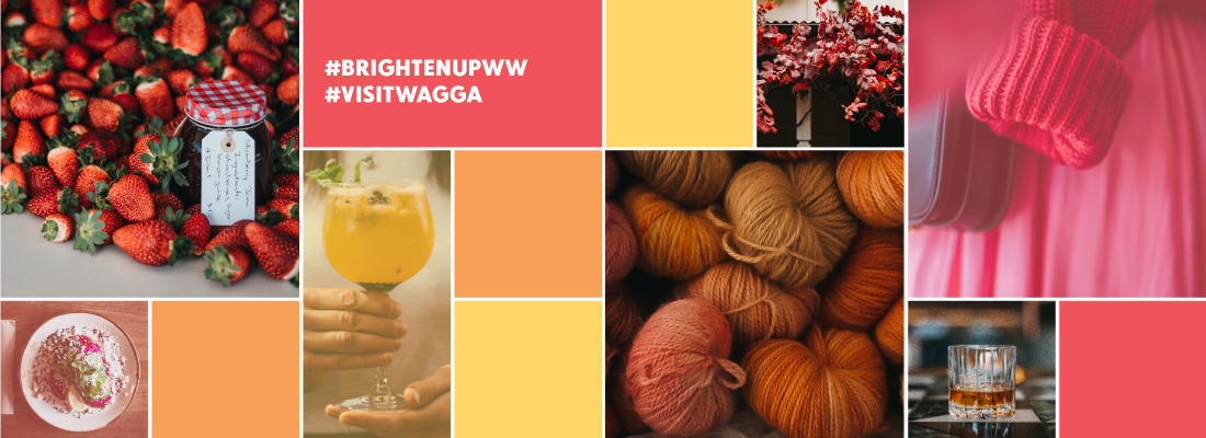 A banner image for the Brighten Up Wagga Wagga campaign featuring coloured solid boxes and bright imagery of location in Wagga Wagga