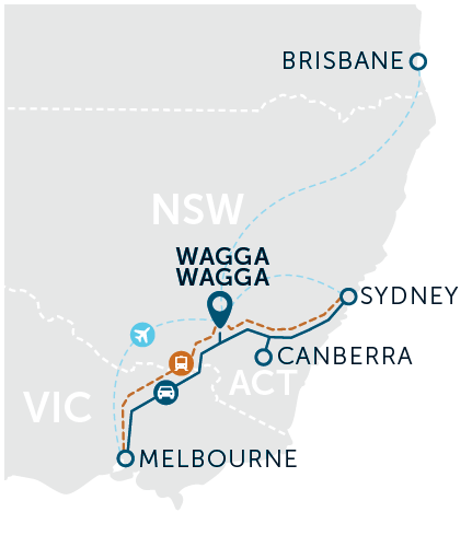 A map of how to get to Wagga Wagga via train, flight or car